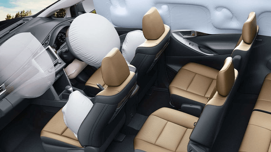 interior view of a Toyota Innova Crysta with deployed airbags
