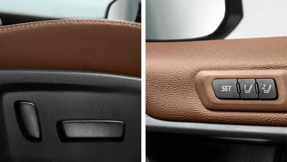 close-up of brown seat adjustment and memory controls in a Toyota Innova Hycross
