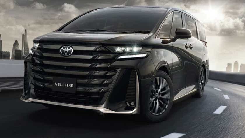 Front three-quarter view of a Black Toyota Vellfire
