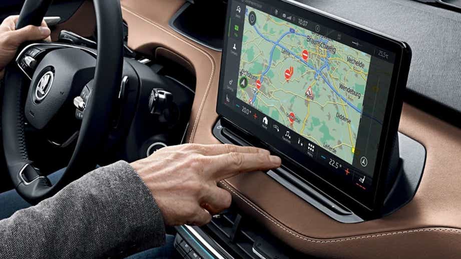 Interior dashboard with infotainment screen of a Skoda Enyaq