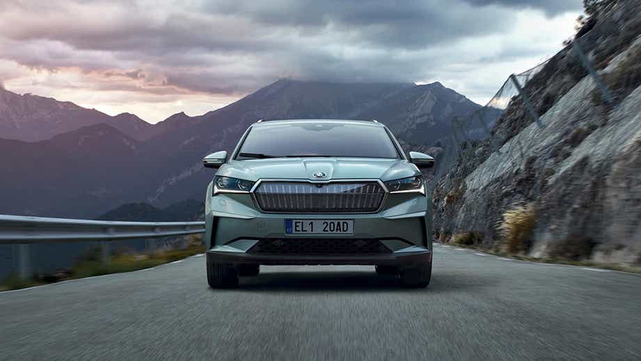 front view of a Arctic Green Skoda Enyaq