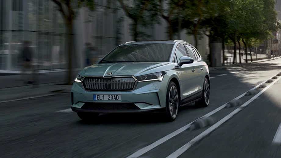 front view of a Arctic Green Skoda Enyaq