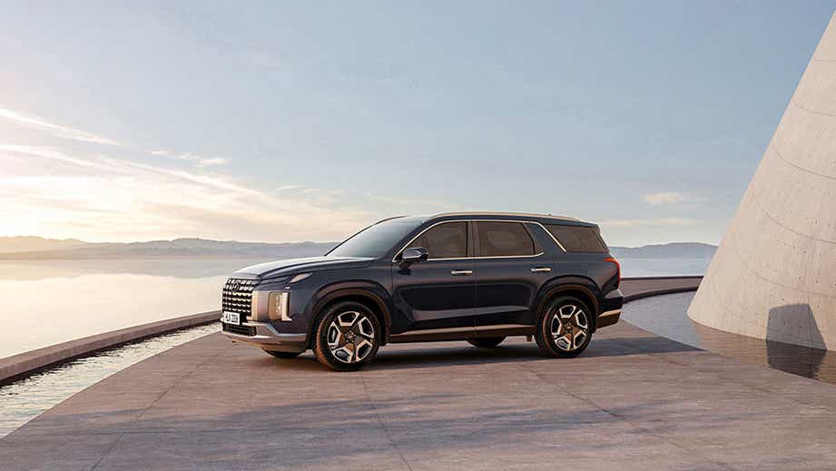 side view of a Blue Hyundai Palisade