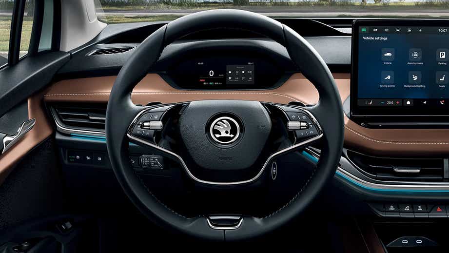 Dashboard and steering wheel view of a Skoda Enyaq