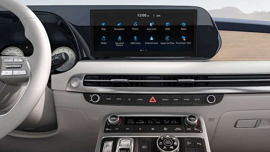 Interior dashboard view of a Blue Hyundai Palisade