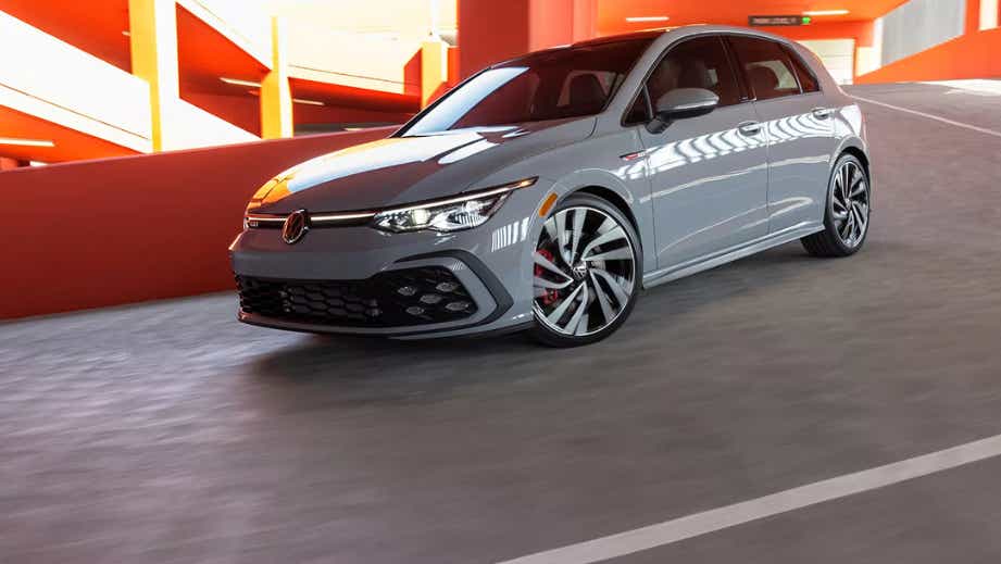 front three-quarter view of a Moonstone Grey Volkswagen Golf GTi