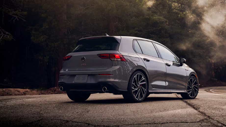 rear three-quarter of a Moonstone Grey Volkswagen Golf GTi