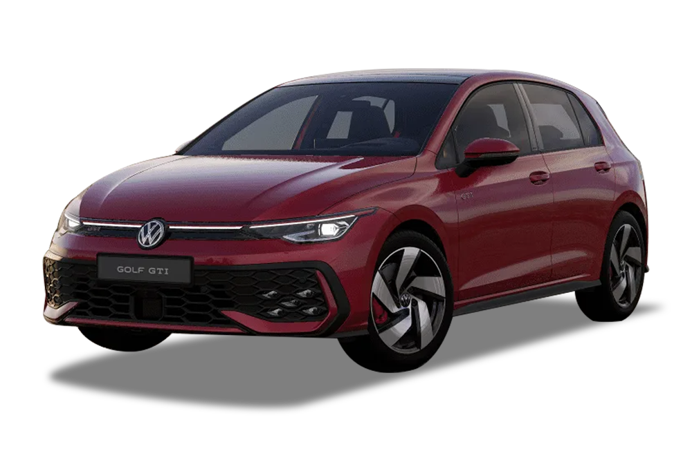 front three-quarter view of a Kings Red Metallic Volkswagen Golf GTi