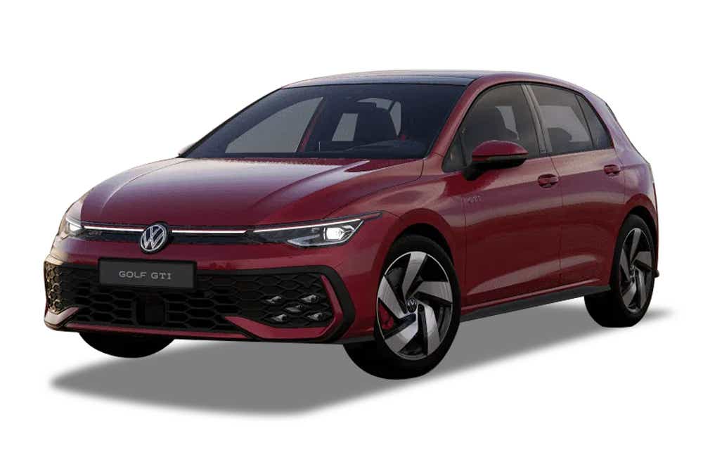 front three-quarter view of a Kings Red Metallic Volkswagen Golf GTi