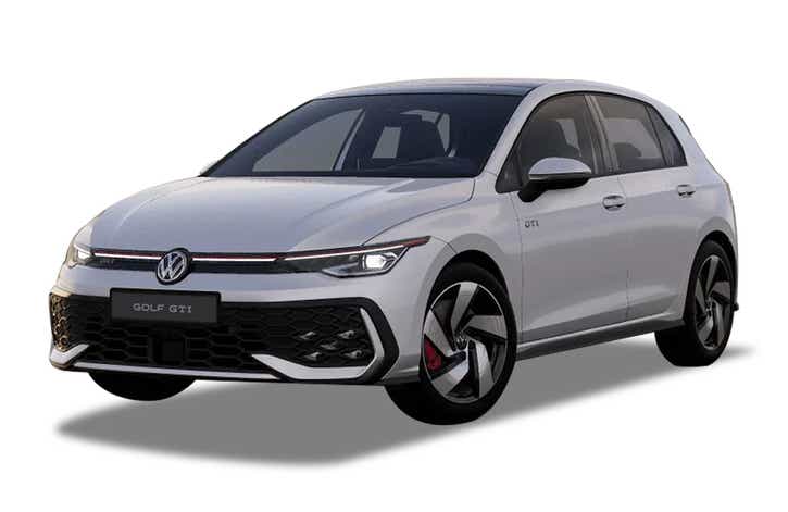 front three-quarter view of a Golf GTI Oryx White Mother of Pearl Effect Volkswagen Golf GTi