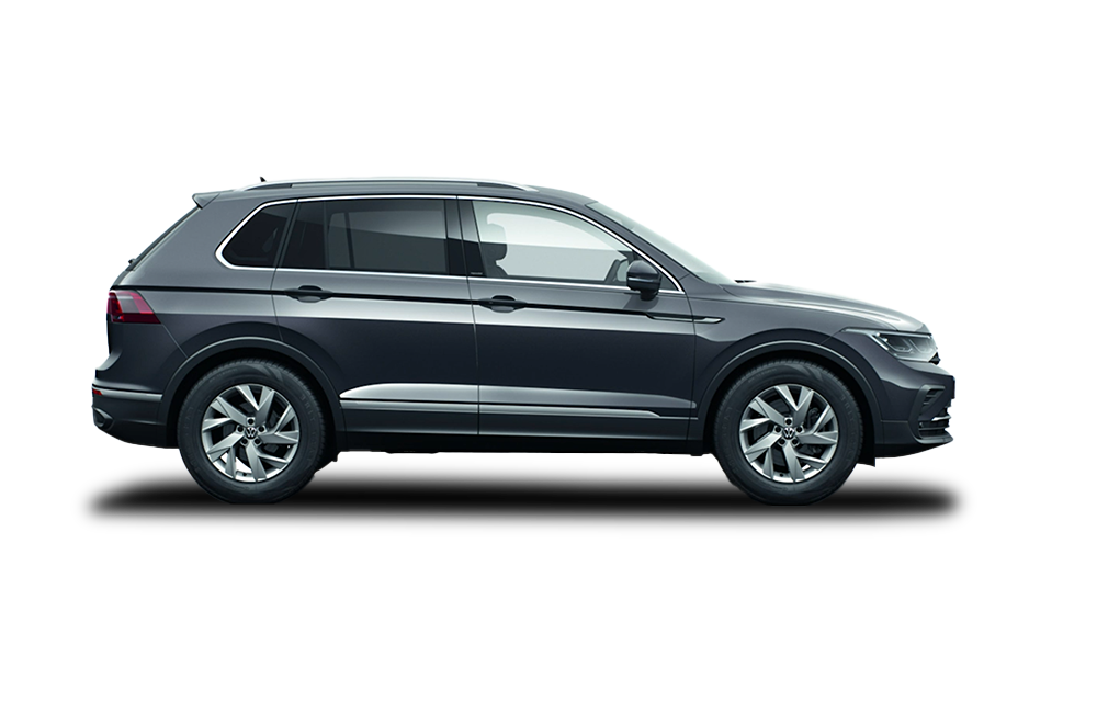 side view of a Dolphin Grey Volkswagen Tiguan 2021-2024