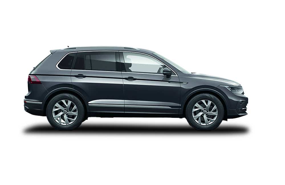 side view of a Dolphin Grey Volkswagen Tiguan 2021-2024