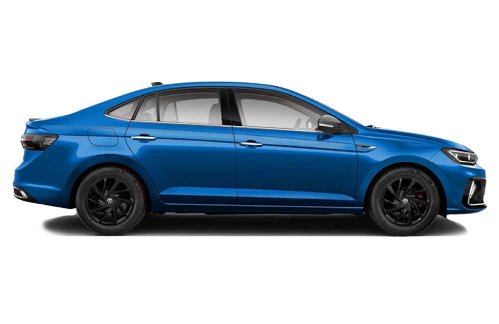 side view of a Rising Blue Metallic Volkswagen Virtus