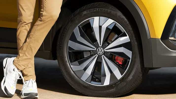 Front wheel close-up of a Volkswagen Taigun