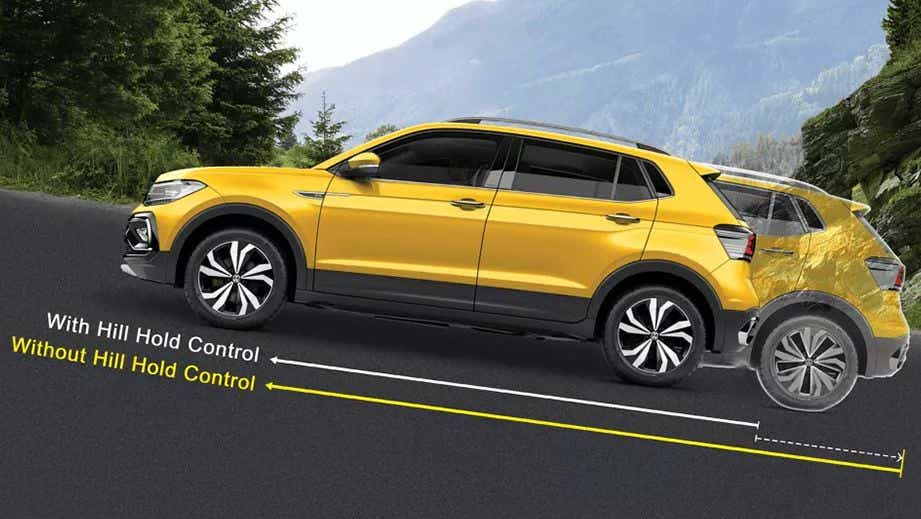 side view of a Volkswagen Taigun on a hill showing hill hold control feature