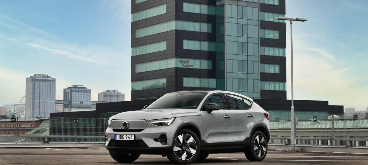 front and side view of a Volvo C40 Recharge parked outdoors