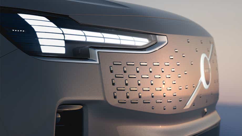 front grille and headlight close-up of a Volvo EM90