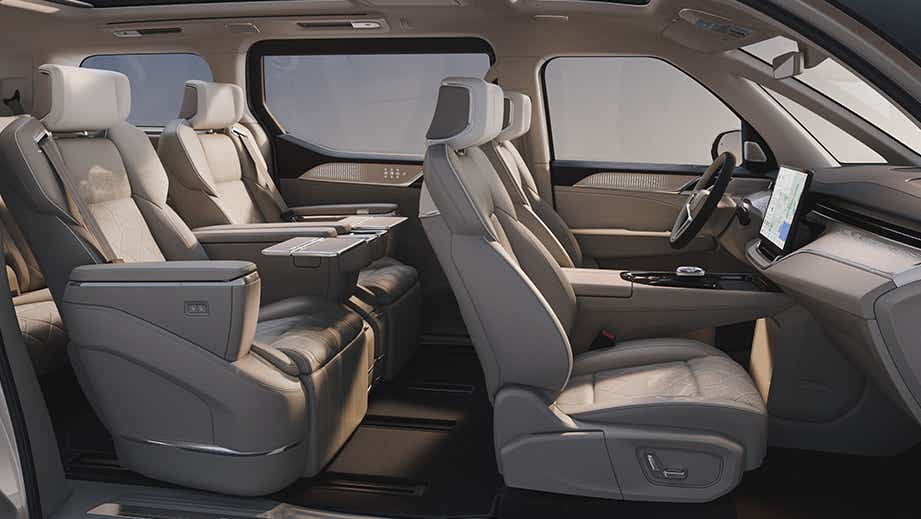 Interior seating view of a Volvo EM90