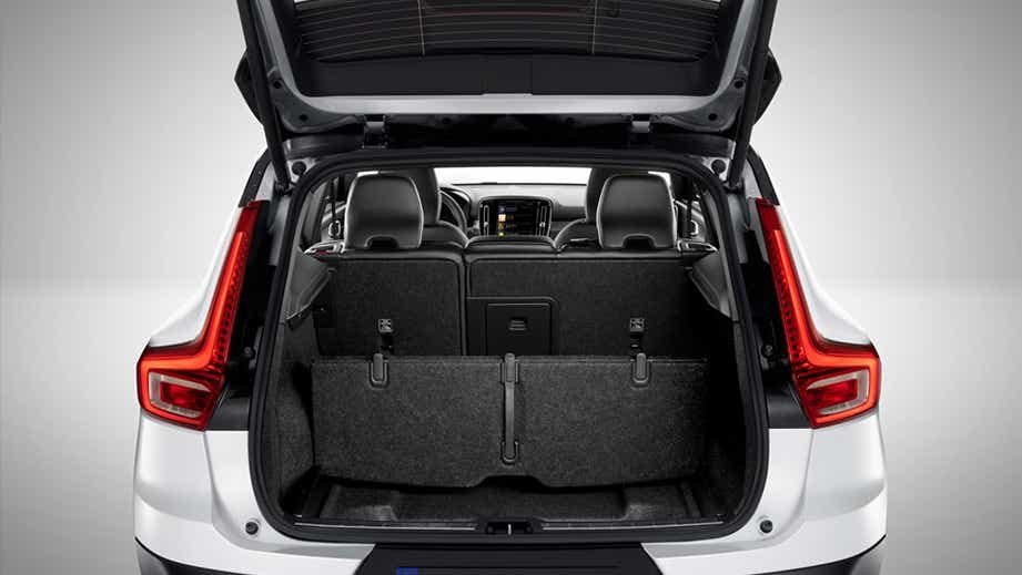Open boot view of a Denim Blue Volvo XC40 Recharge