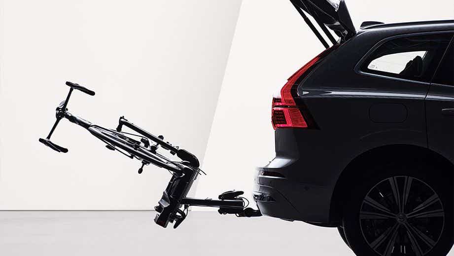 rear view of a Volvo XC60 with open tailgate and a bike rack attached