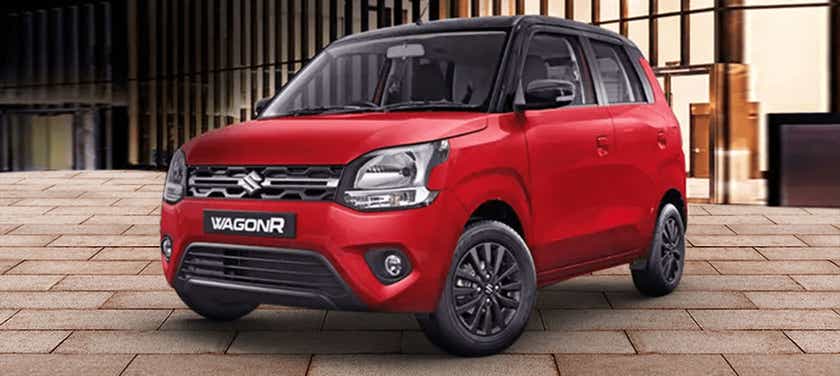 front three-quarter view of a Gallant Red Maruti Suzuki Wagon R