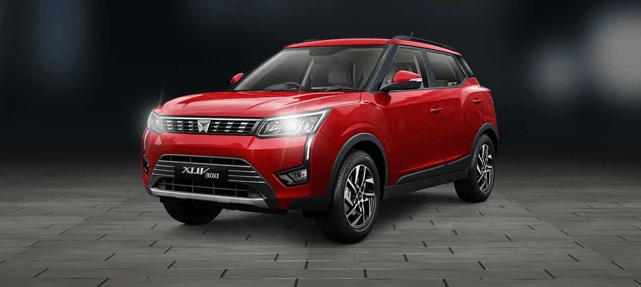 front three-quarter view of a Red Rage Mahindra XUV300