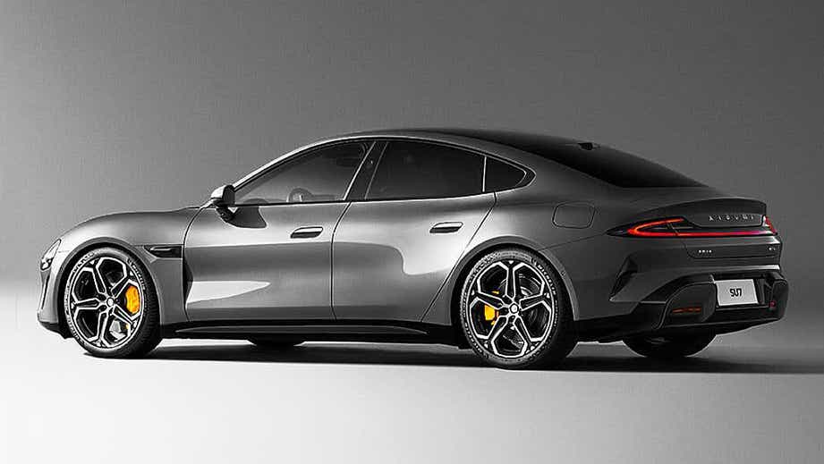 rear three-quarter of a Xiaomi SU7