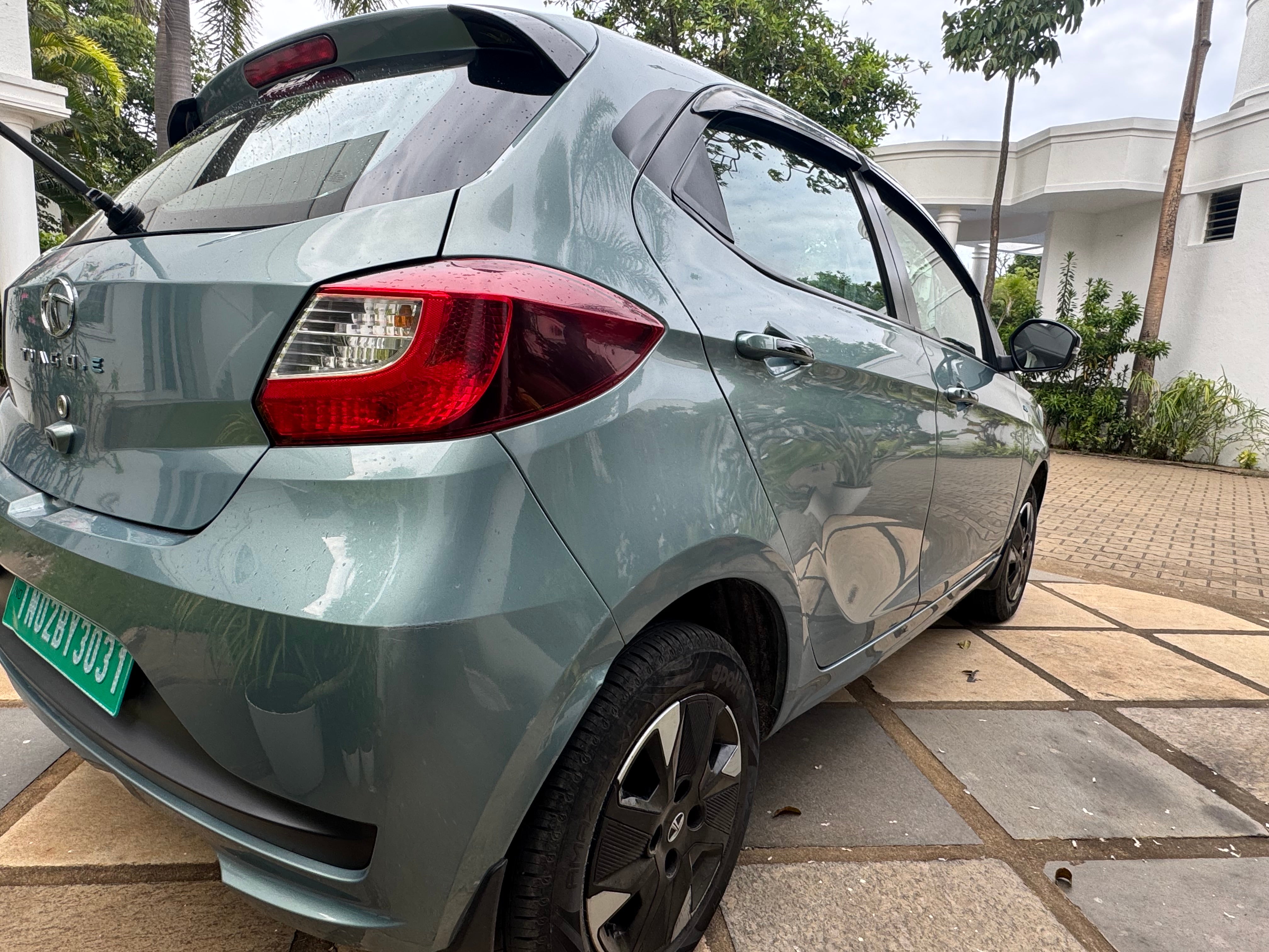 rear three-quarter of a Tata Tiago EV