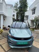 Front view of a Tata Tiago EV with wipers up