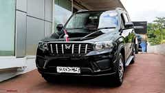 front view of a Napoli Black Mahindra Scorpio-N