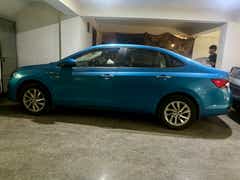 side view of a Crystal Blue Skoda Slavia