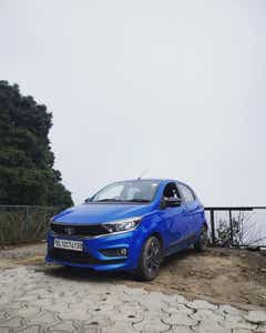 front three-quarter view of a Ocean Blue Tata Tiago