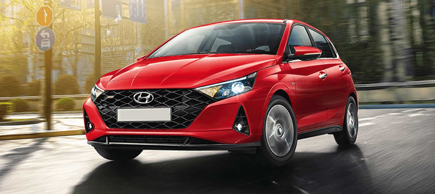 front three-quarter of a Fiery Red Hyundai i20