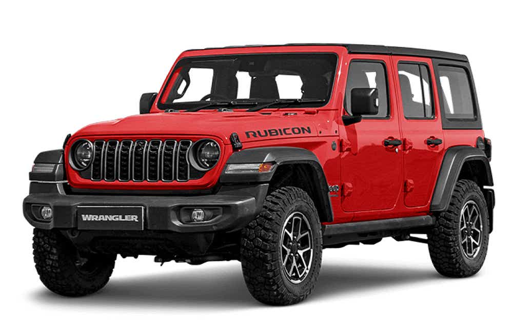 front three-quarter view of a FireCracker Red Jeep Wrangler