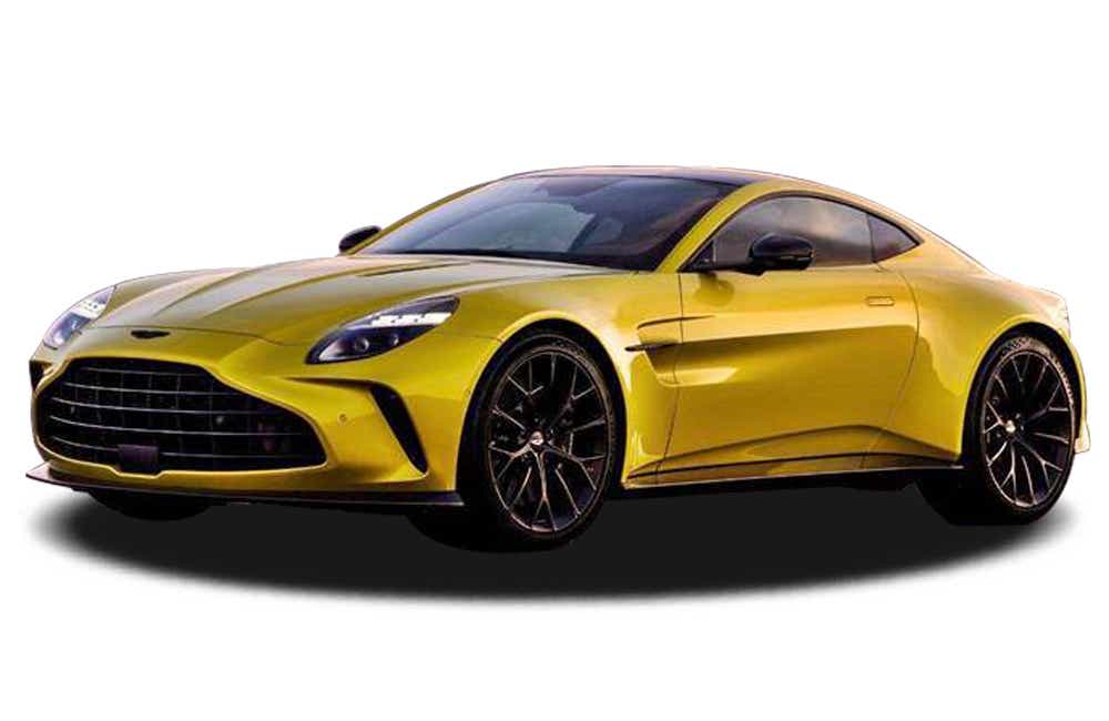 front three-quarter view of a Sunburst Yellow Aston Martin Vantage