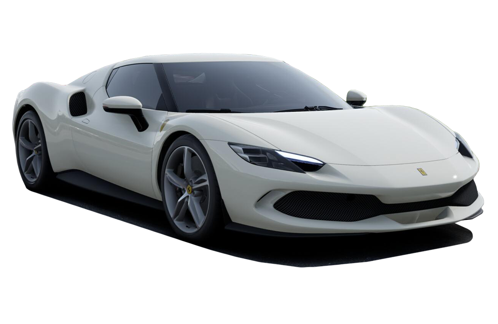 front three-quarter view of a Bianco Avus Ferrari 296 GTB