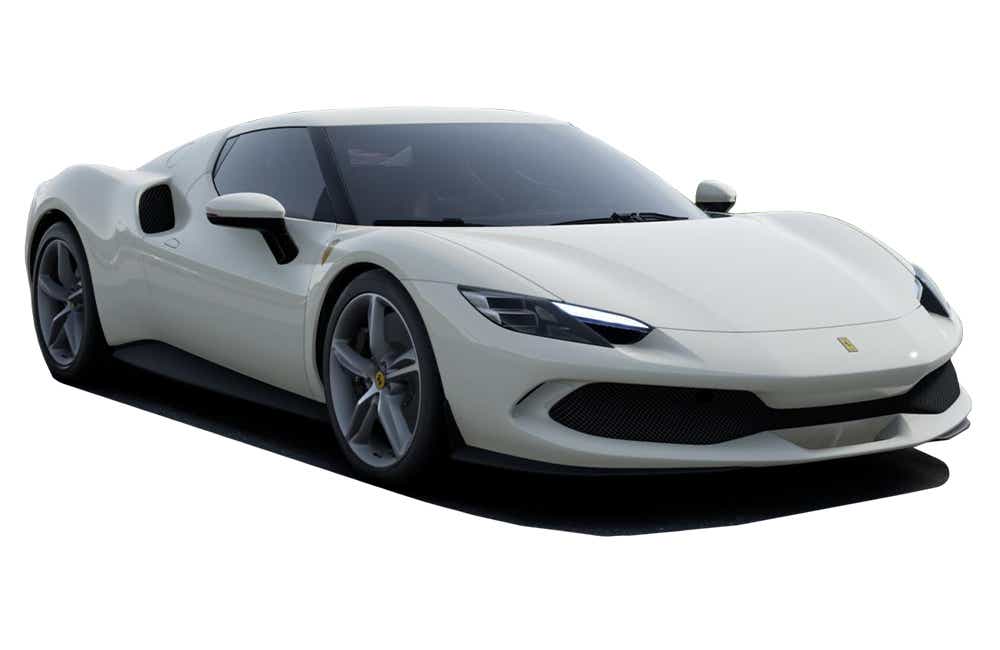 front three-quarter view of a Bianco Avus Ferrari 296 GTB