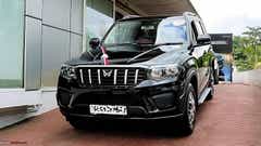 Front view of a Napoli Black Mahindra Scorpio-N