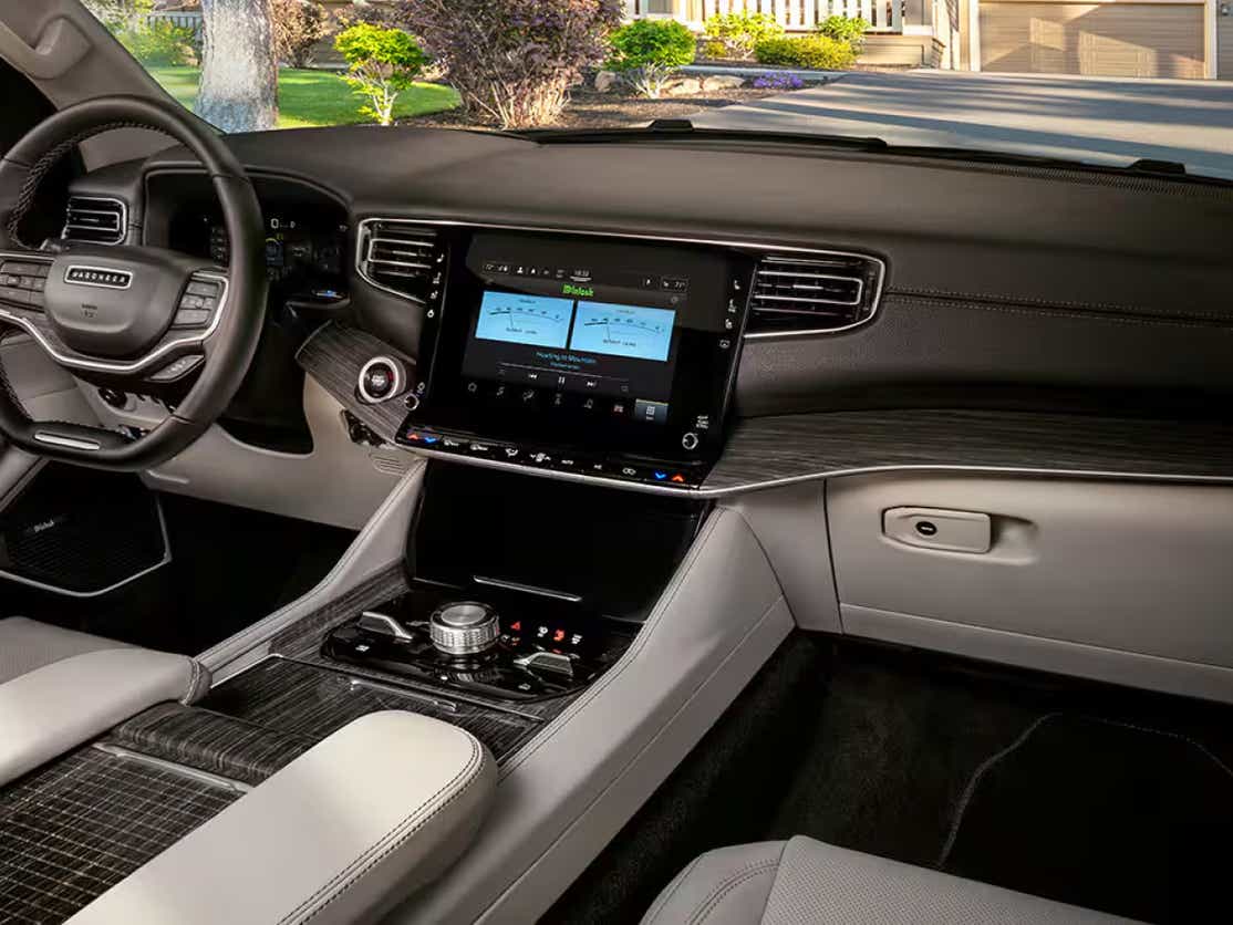 Interior dashboard view of a Jeep Wagoneer