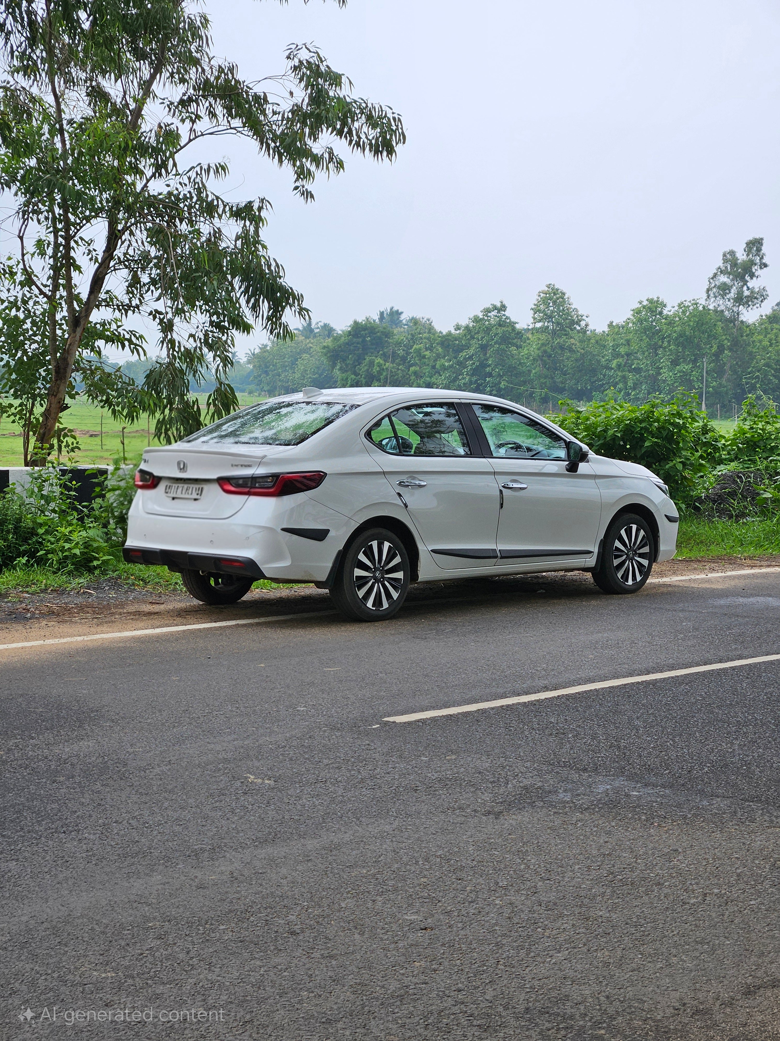 rear three-quarter view of a Honda City parked on a rural roadside