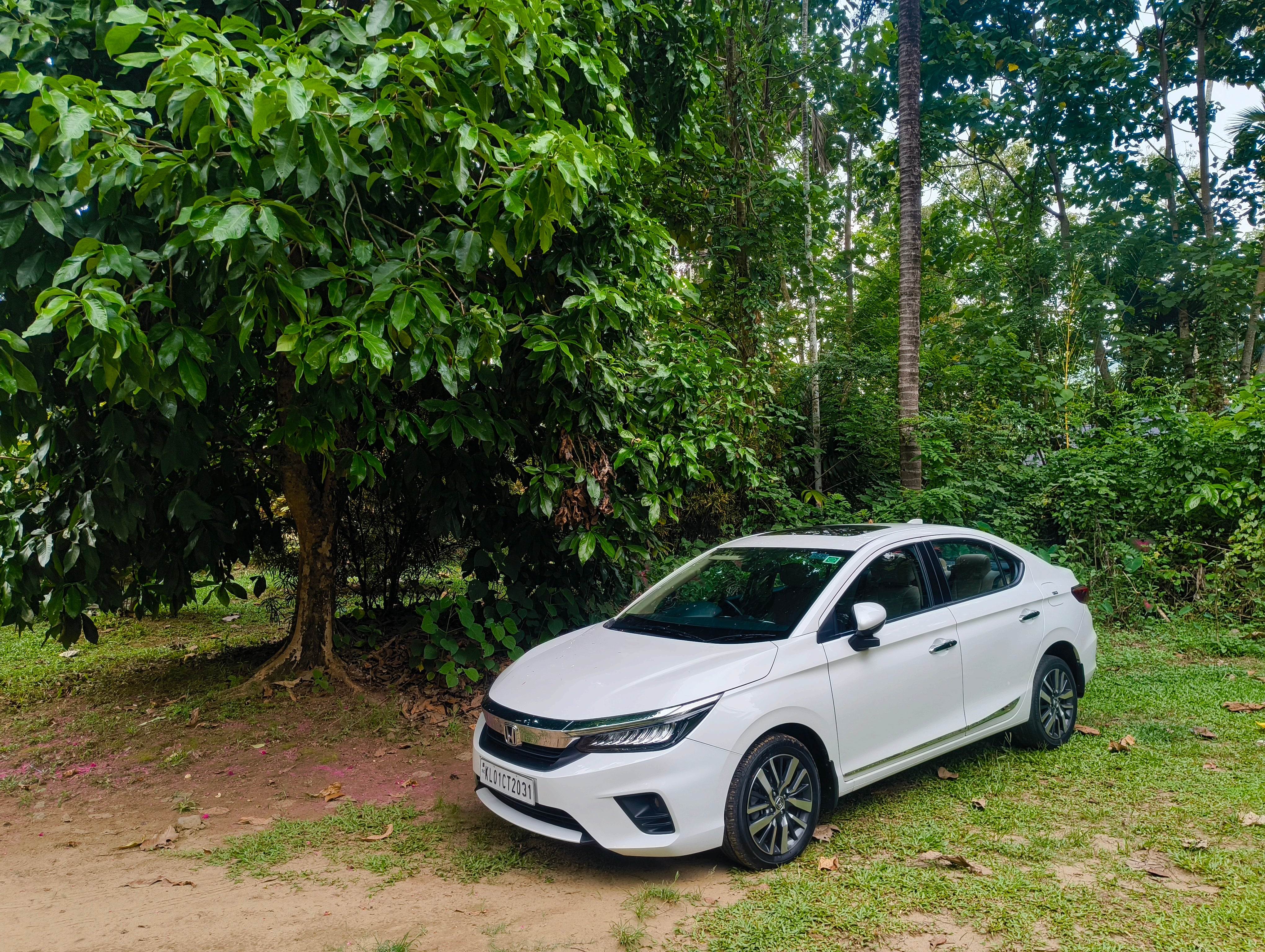 front three-quarter of a Honda City parked in a green outdoor setting