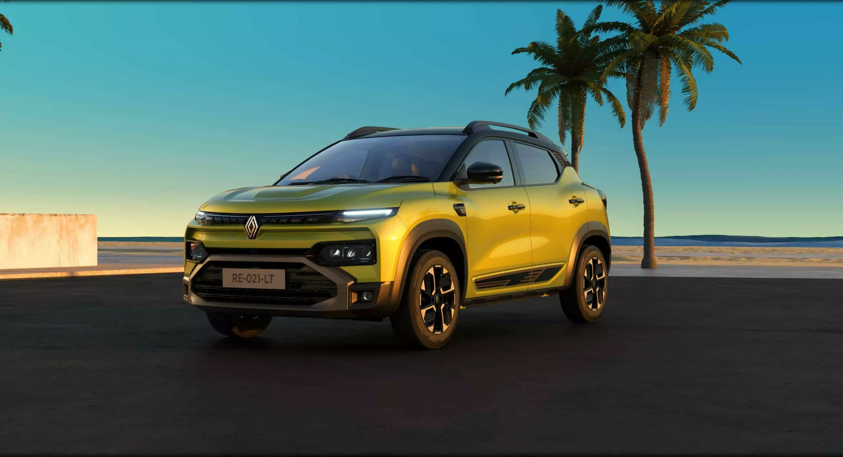 front three-quarter view of a Oasis yellow Renault Kiger