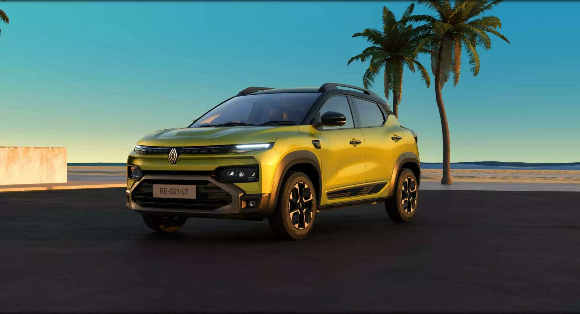 front three-quarter view of a Oasis yellow Renault Kiger