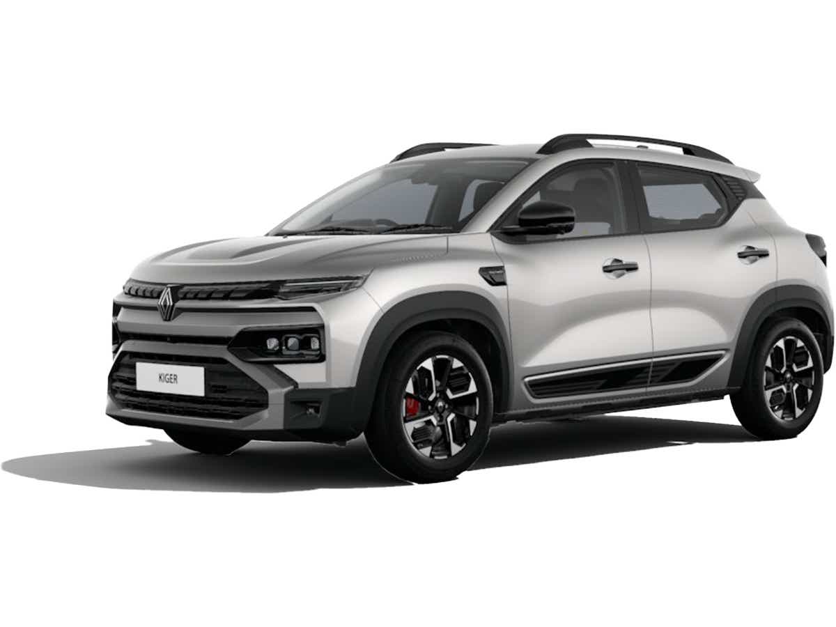 Front three-quarter view of a Moonlight silver Renault Kiger