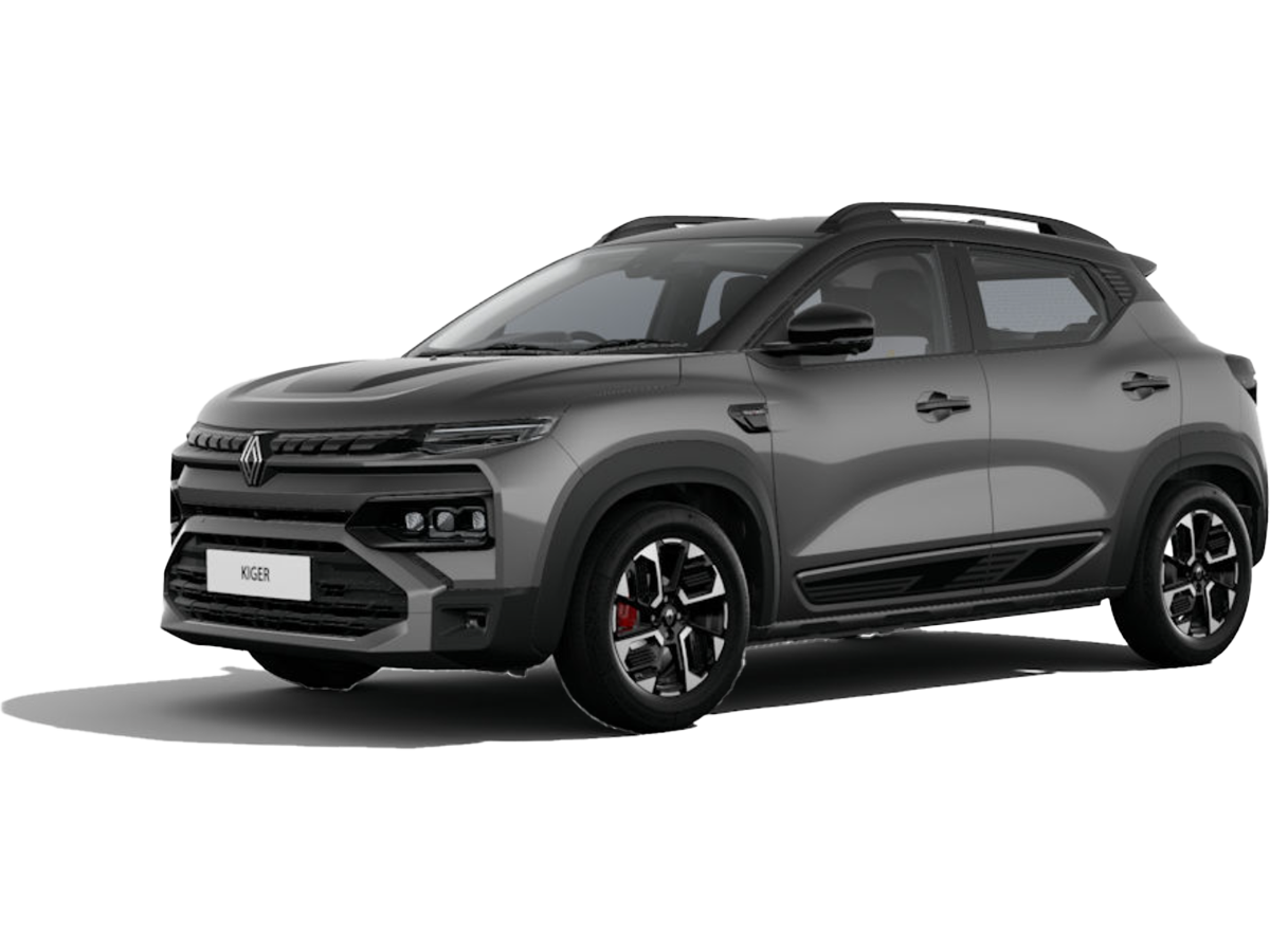 front three-quarter of a Shadow grey mystery black roof Renault Kiger