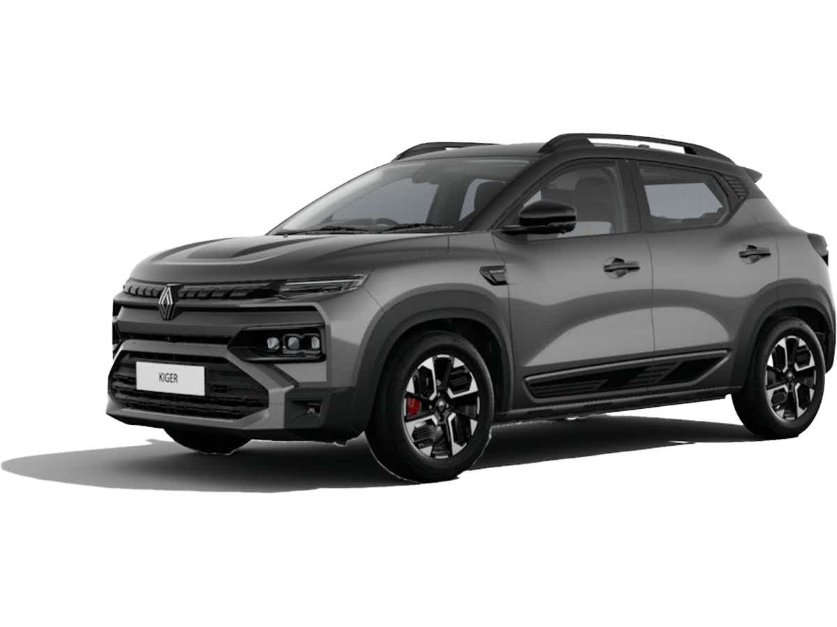 front three-quarter of a Shadow grey mystery black roof Renault Kiger