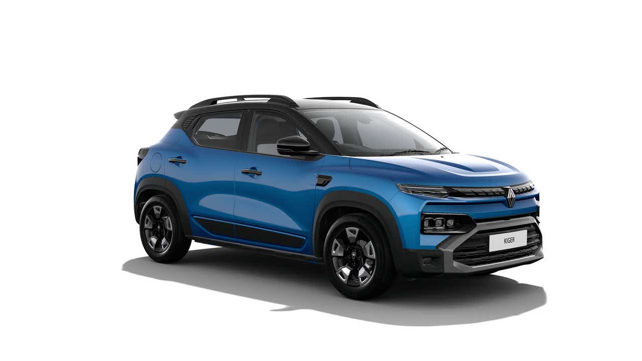 front three-quarter view of a Caspian blue Renault Kiger