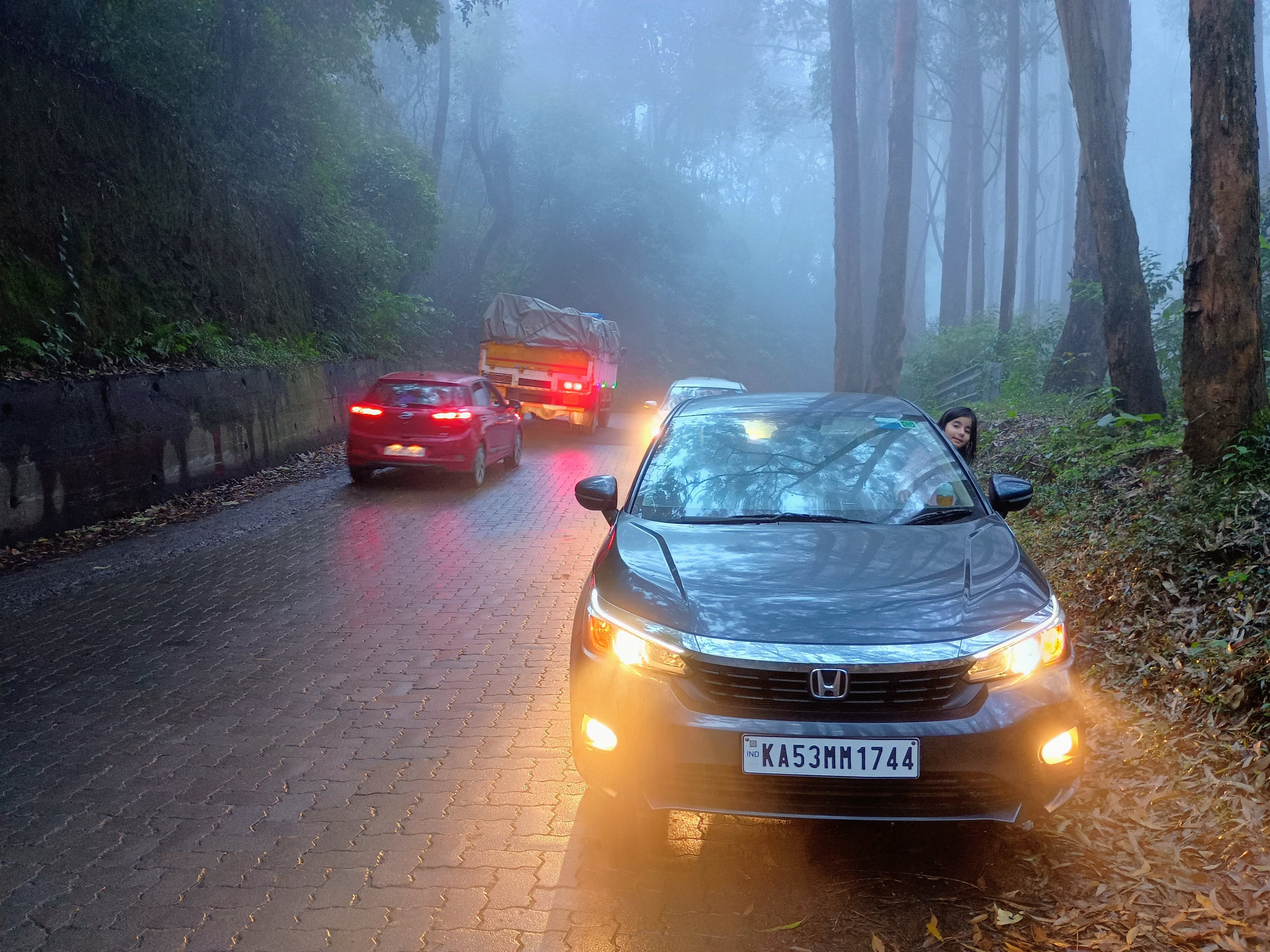 front view of a Honda City on a misty forest road