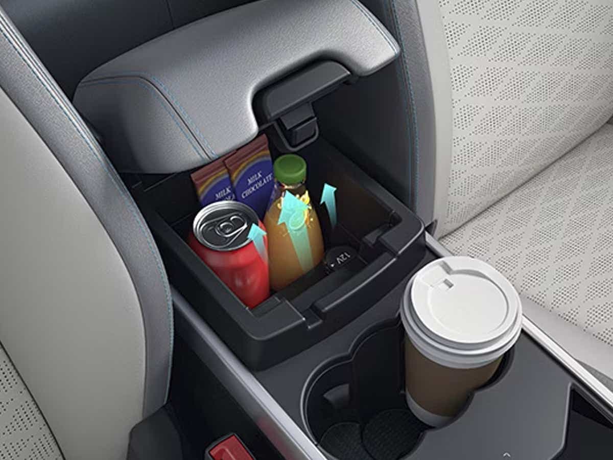 center console storage with snacks and drinks in a Tata Harrier EV