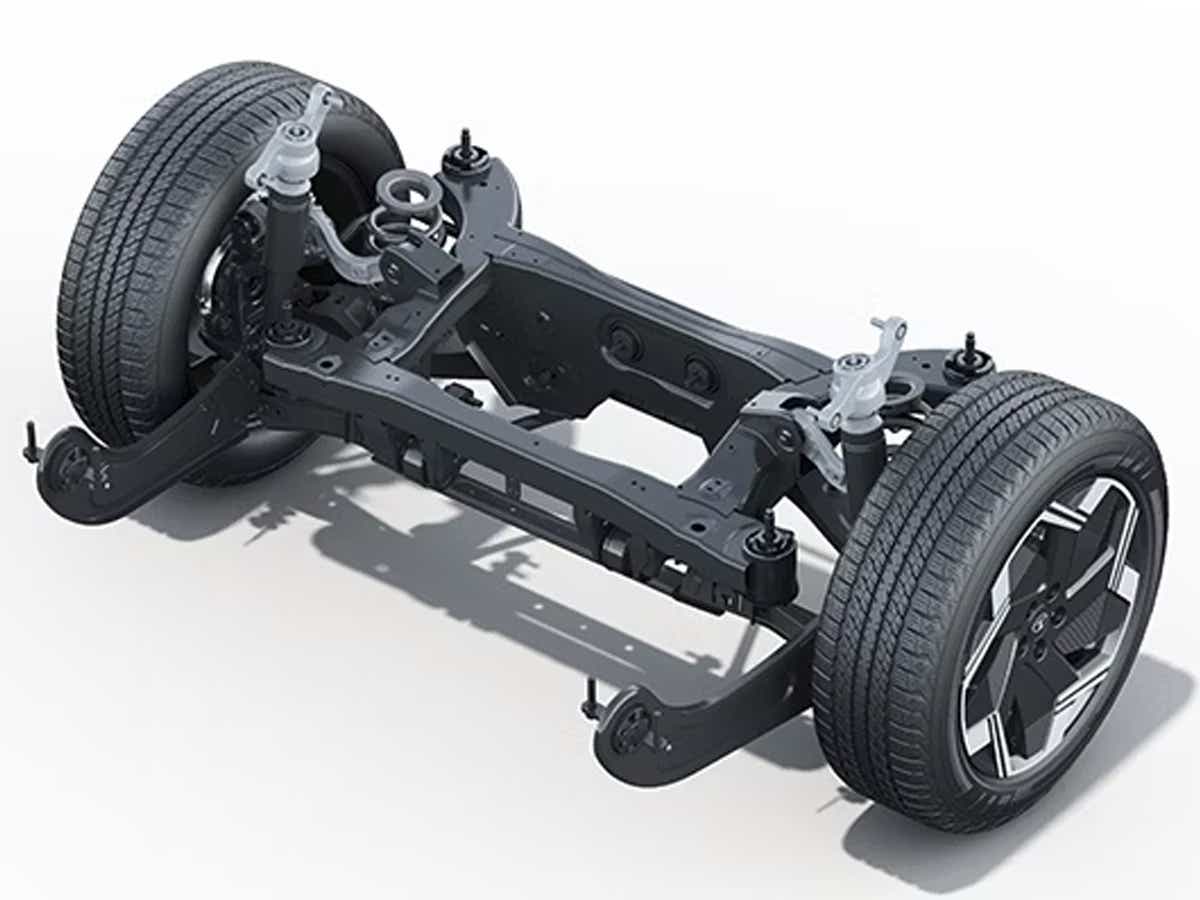 Chassis and suspension view of a Tata Harrier EV